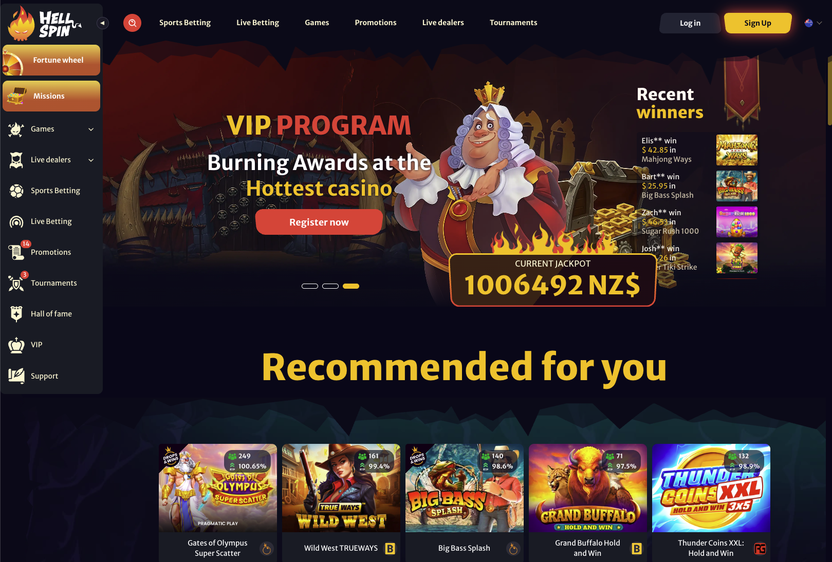 HellSpin Casino NZ homepage
