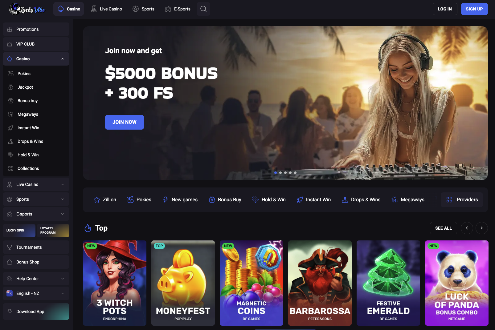 LuckyVibe Casino NZ homepage