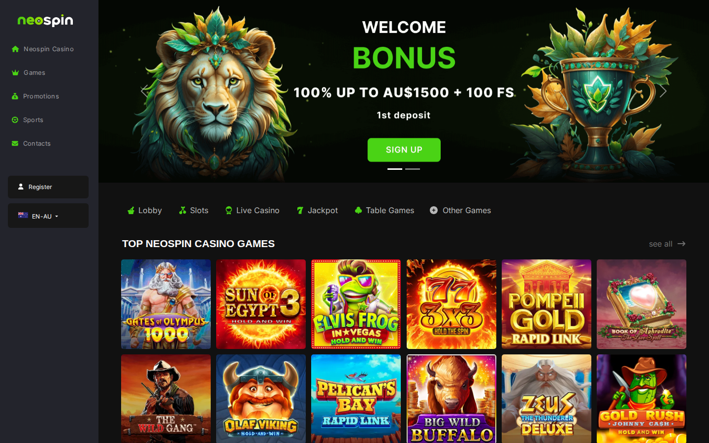 Neospin Casino NZ homepage