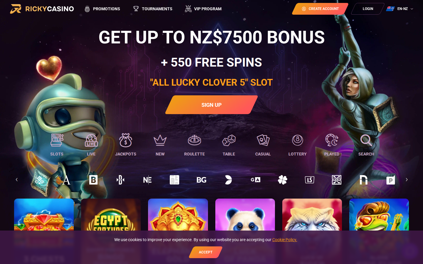 Ricky Casino NZ homepage