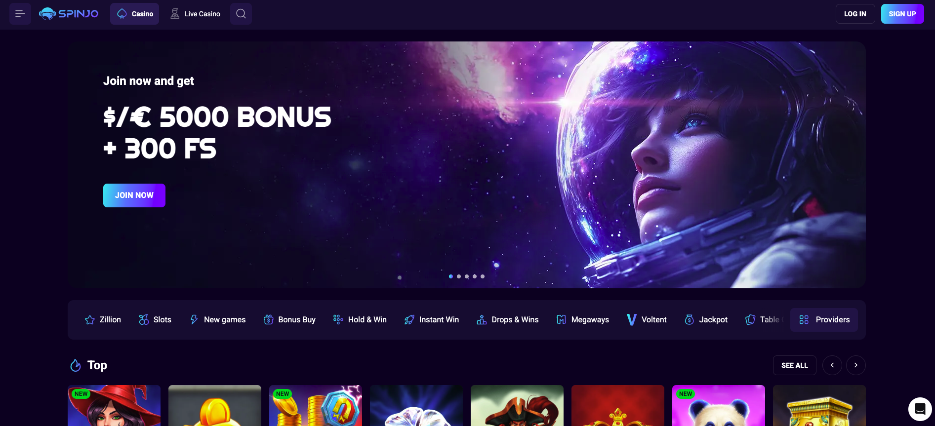 Spinjo Casino NZ homepage