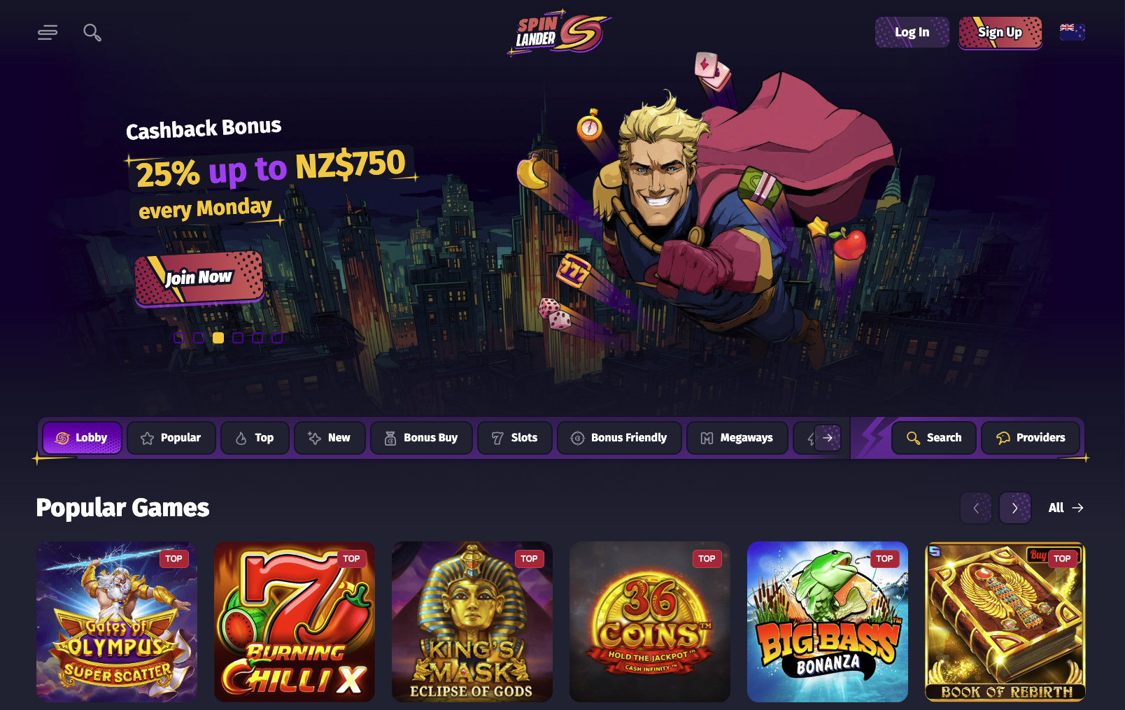 Spinlander Casino NZ homepage